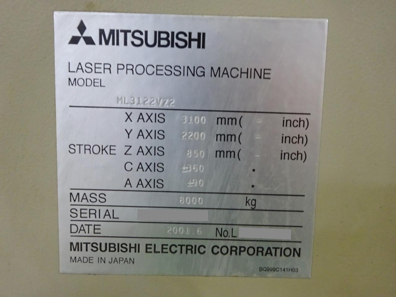 三菱 3次元レーザー加工機 ML3122VZ2-5036D-S6